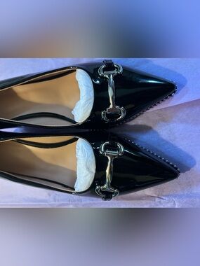 Patent Leather Pointed Toe Loafers with Silver Bit Detail - Black